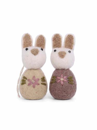 Gry og Sif -White Bunny Set - w/Flower Embroidery Plum - Set of 2 w/string